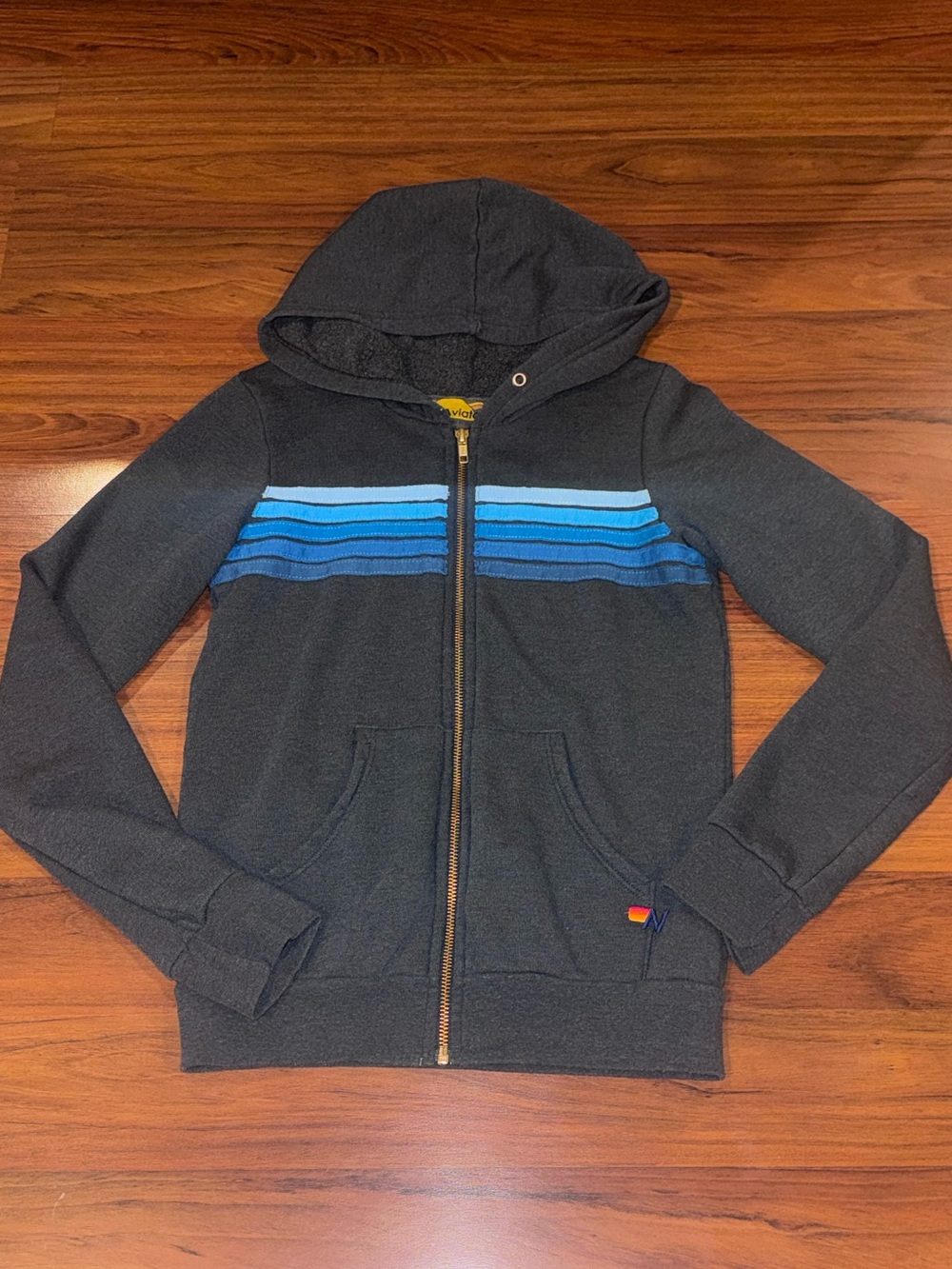 Aviator Nation Kid's 5 Stripe Hoodie Charcoal/Blue Size 12 Full Zip Sweatshirt